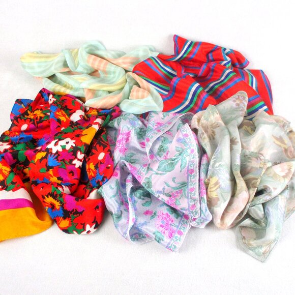 Five Vintage 1980s Liz Claiborne Silk Scarves Flowers and Stripes - Picture 2 of 7